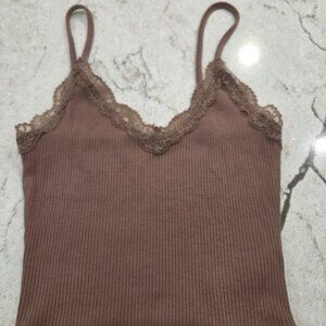 Garage Ribbed Lace Trimmed  Spaghetti Strap Tank Top